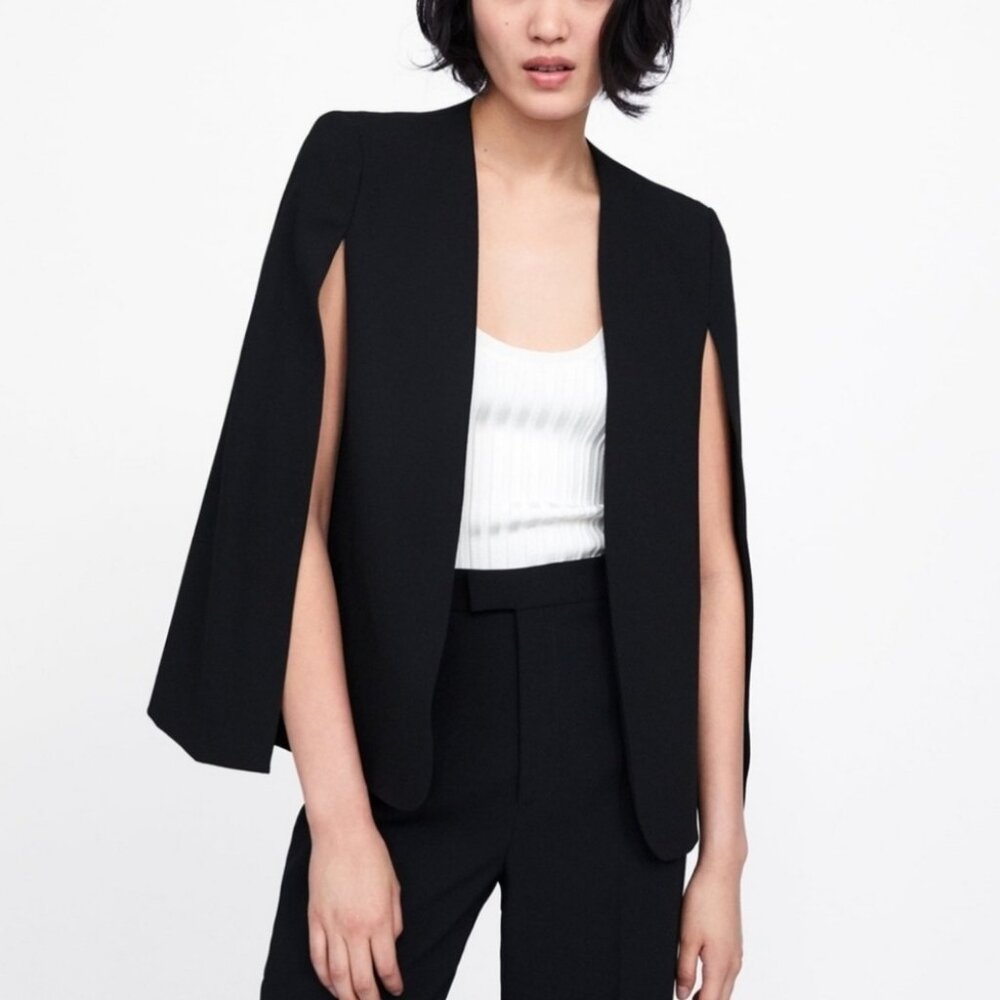 ZARA Black Cape Blazer Jacket Sz S Open Front Collarless